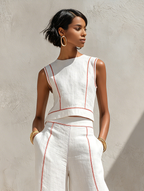 Corallina | Completo pantalone in lino misto con cuciture a contrasto