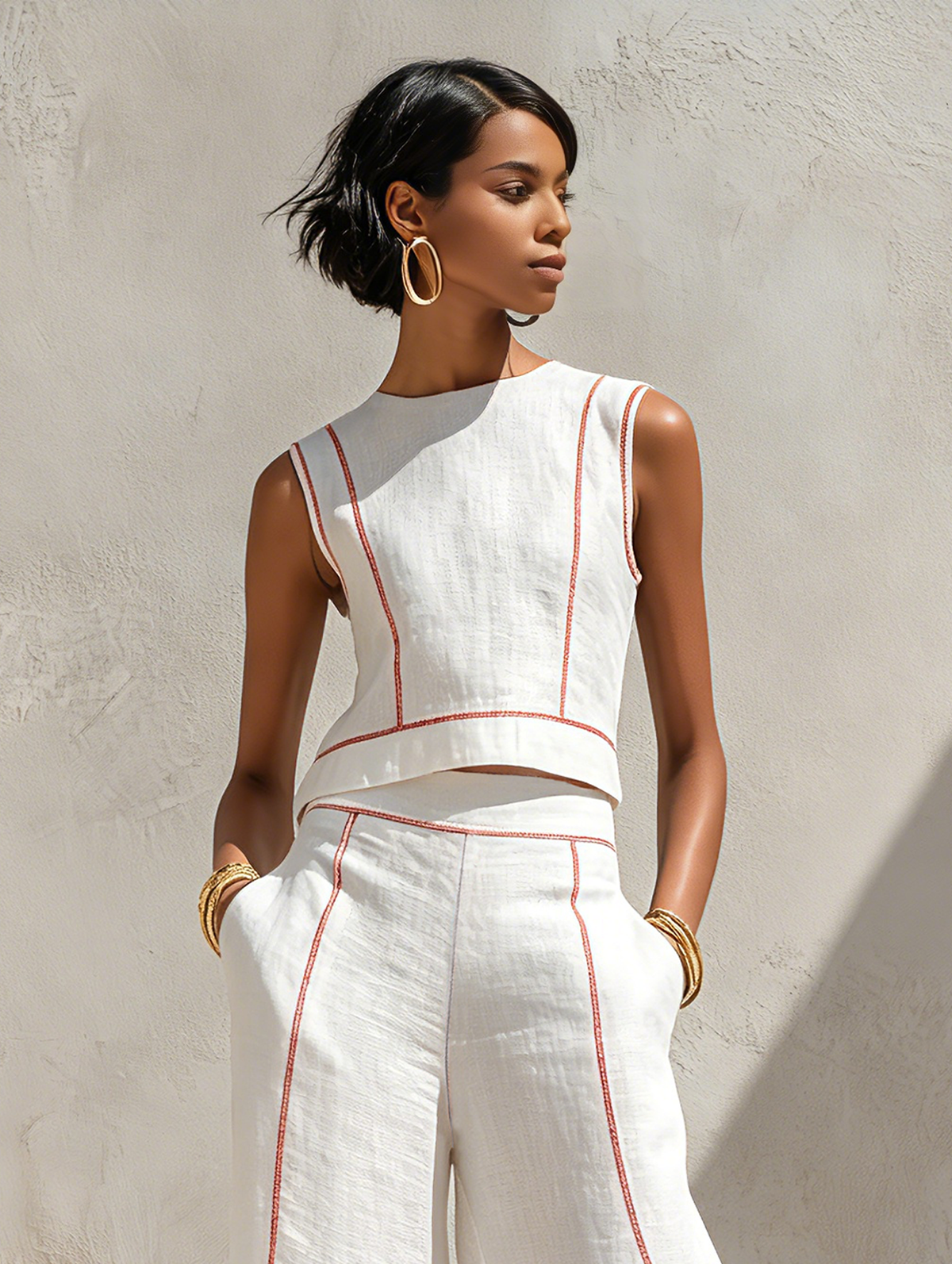 Corallina | Completo pantalone in lino misto con cuciture a contrasto