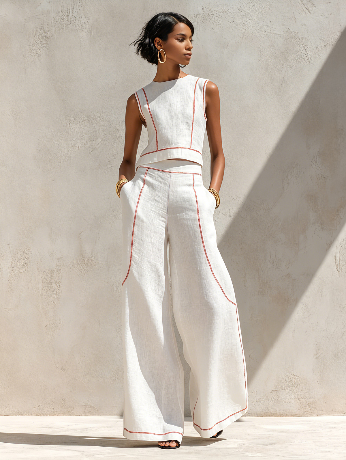 Corallina | Completo pantalone in lino misto con cuciture a contrasto