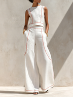 Corallina | Completo pantalone in lino misto con cuciture a contrasto