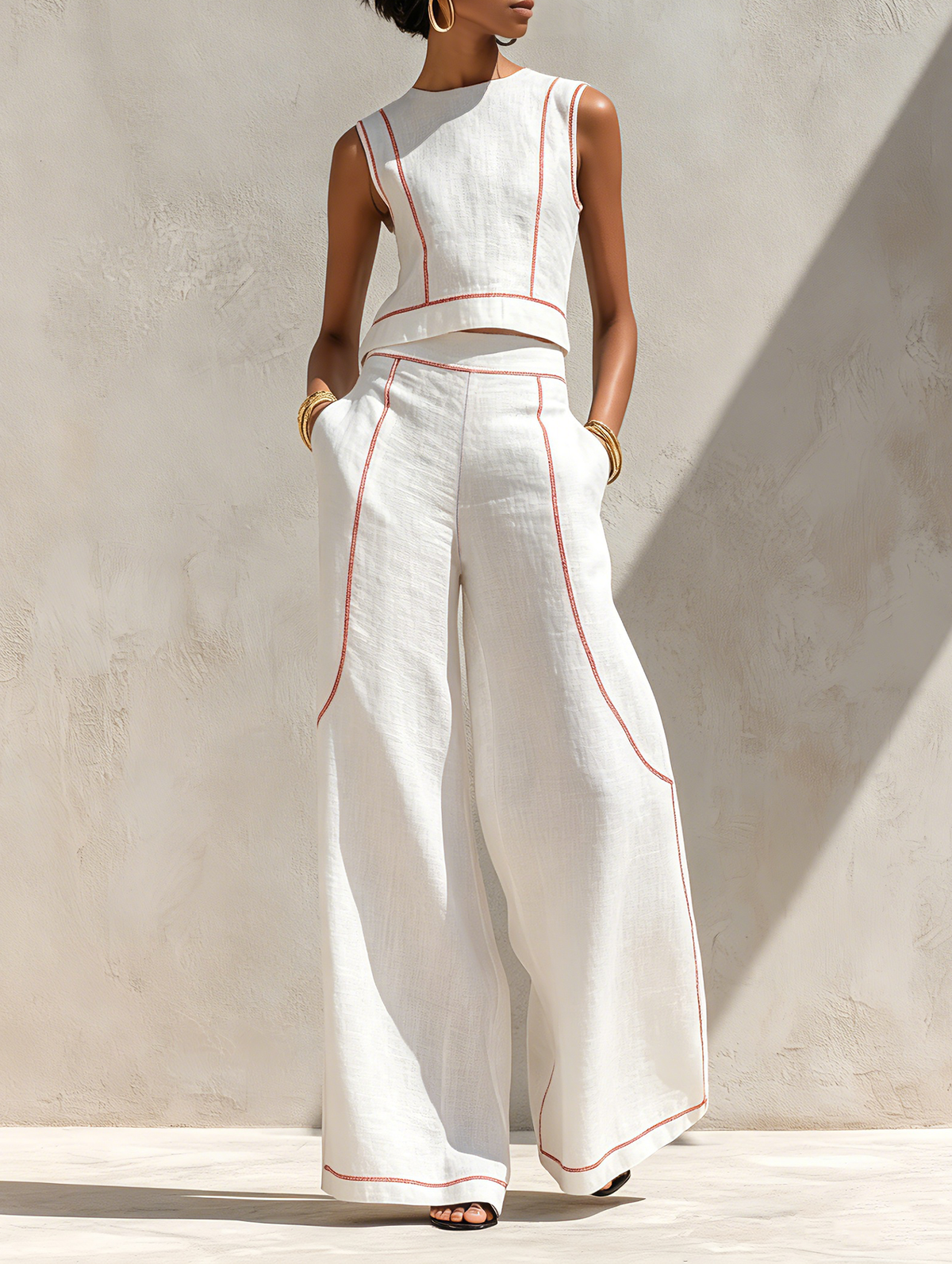 Corallina | Completo pantalone in lino misto con cuciture a contrasto