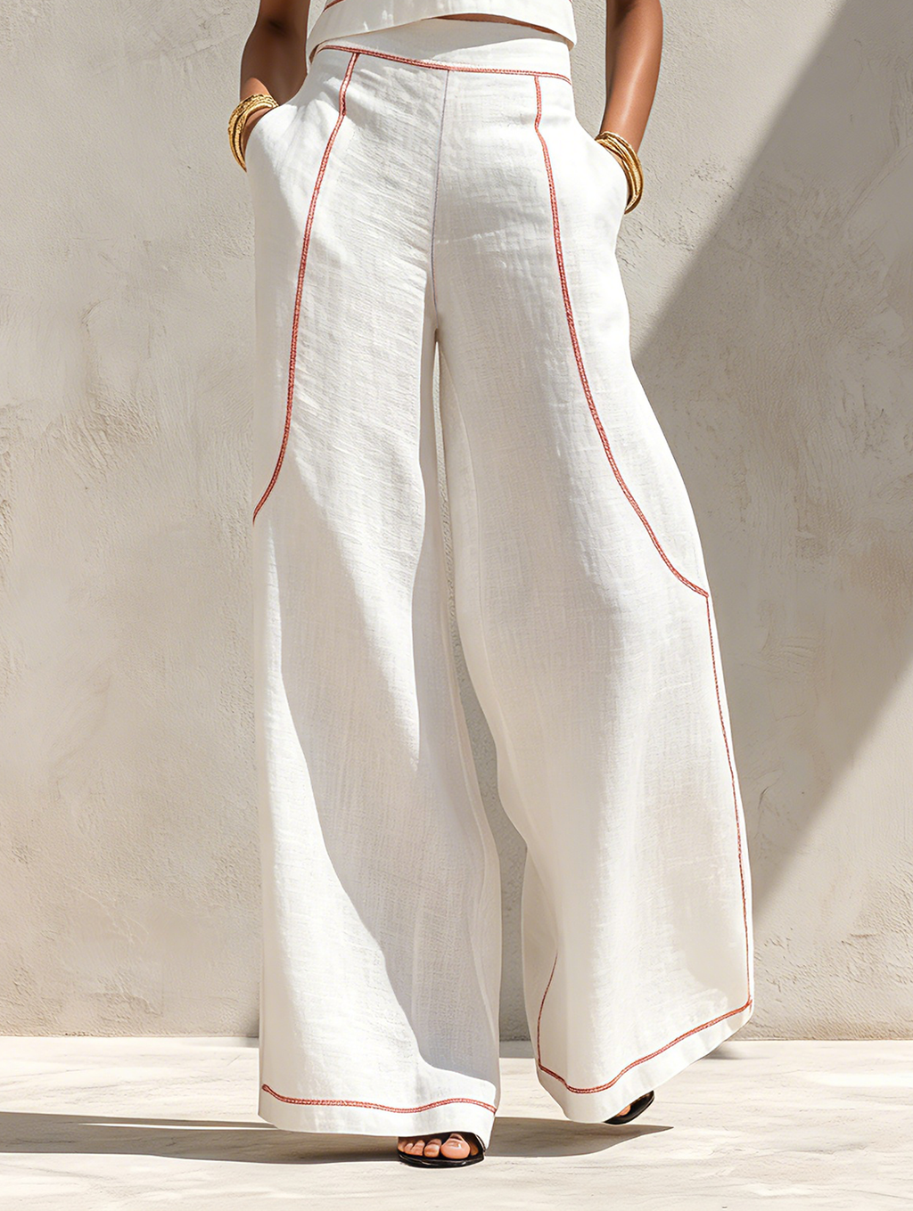 Corallina | Completo pantalone in lino misto con cuciture a contrasto