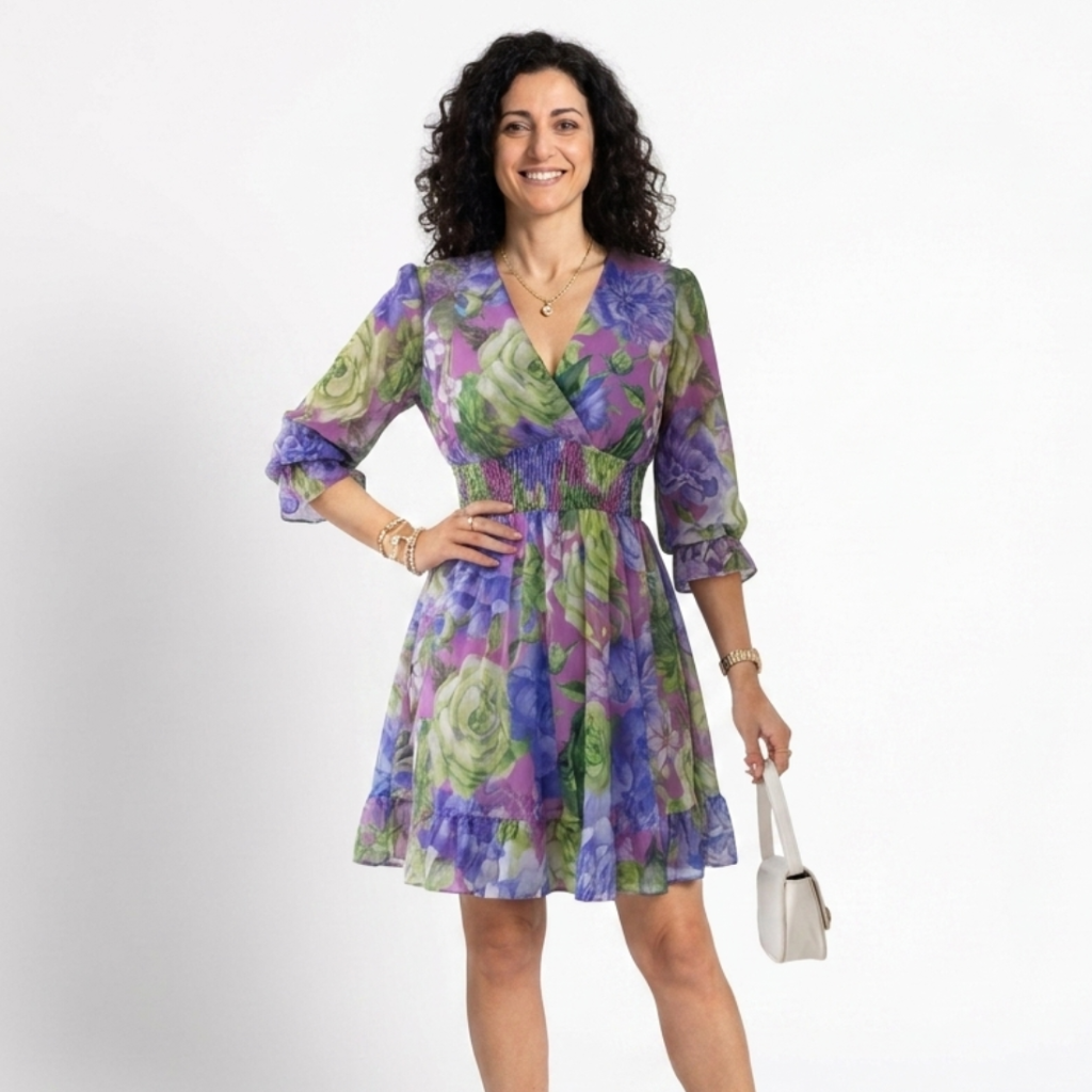 Zaffira | Abito mini floreale con vita arricciata