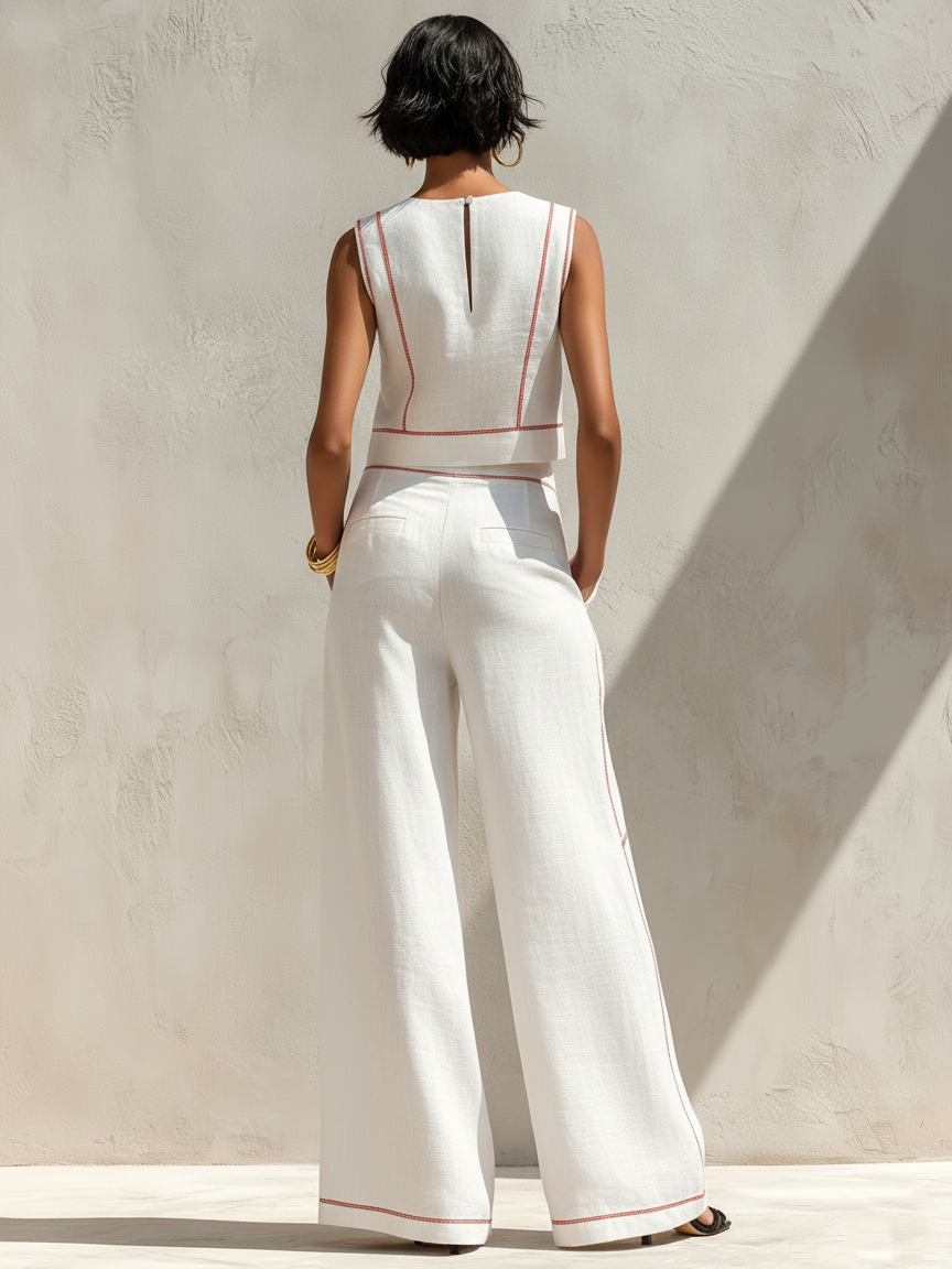Corallina | Completo pantalone in lino misto con cuciture a contrasto