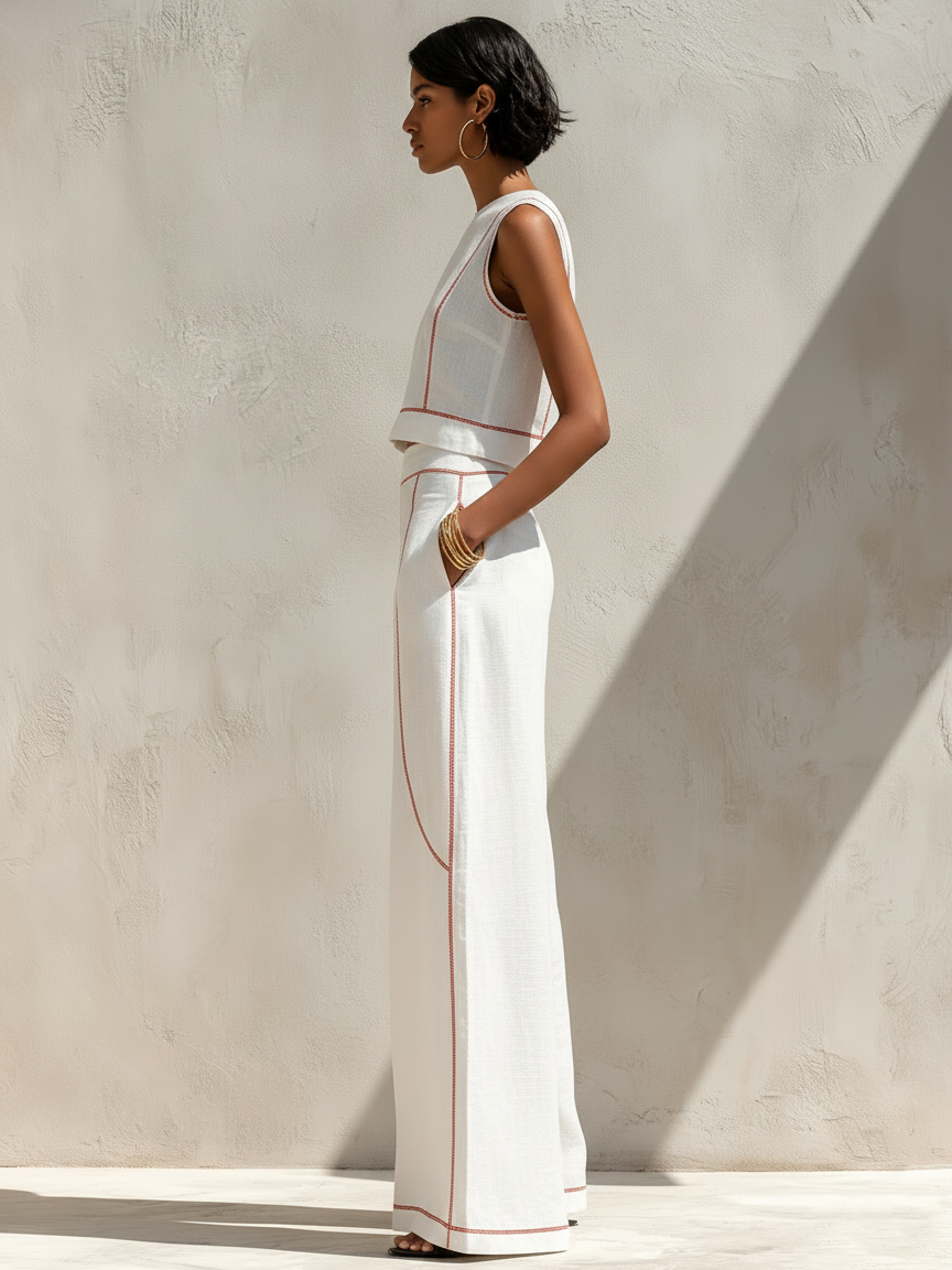 Corallina | Completo pantalone in lino misto con cuciture a contrasto