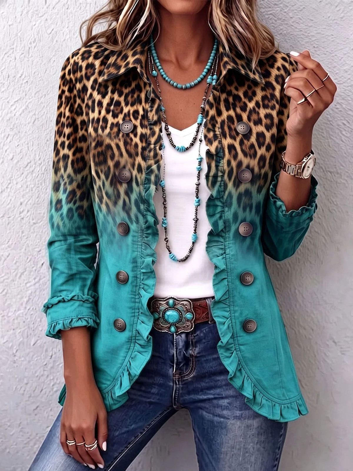 Regina | Giacca Vintage in Leopardo Sfumato con Volant