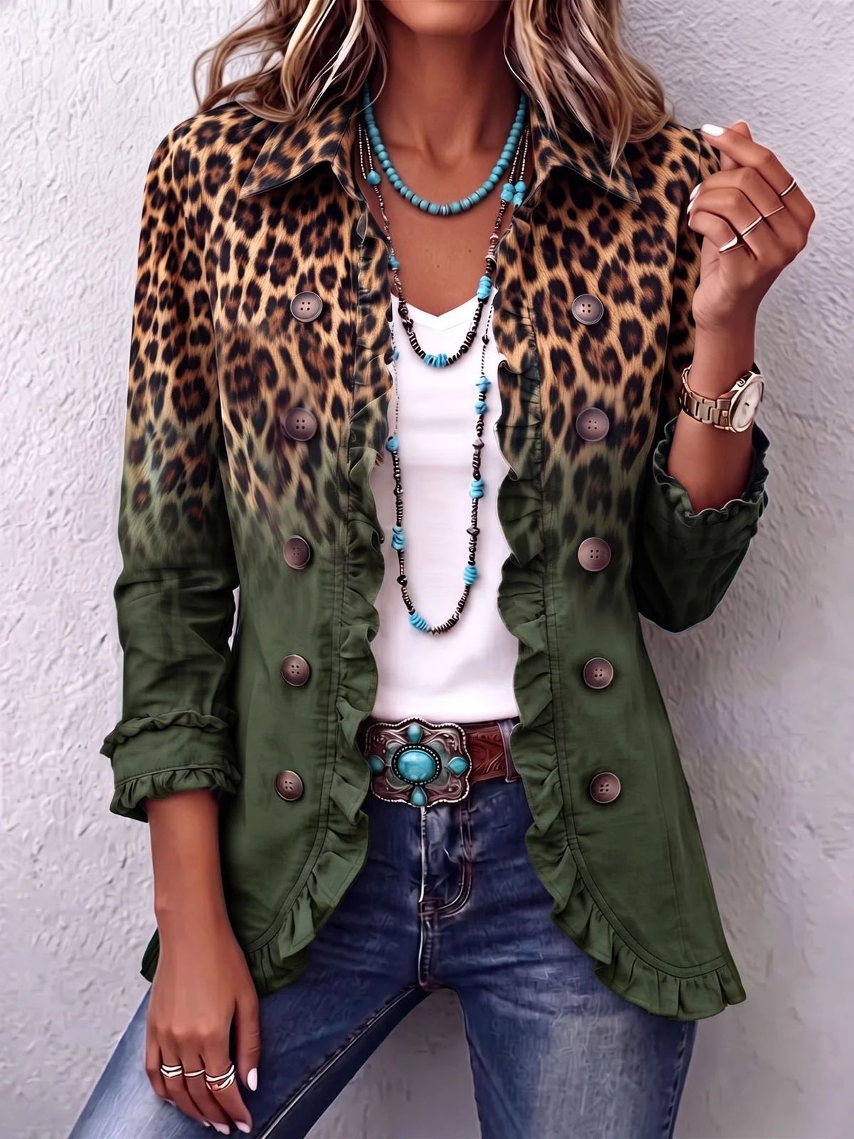 Regina | Giacca Vintage in Leopardo Sfumato con Volant