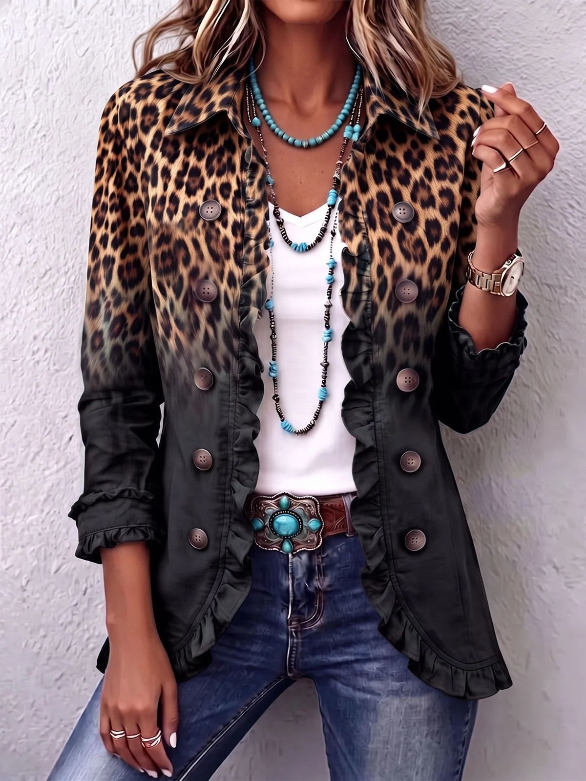 Regina | Giacca Vintage in Leopardo Sfumato con Volant