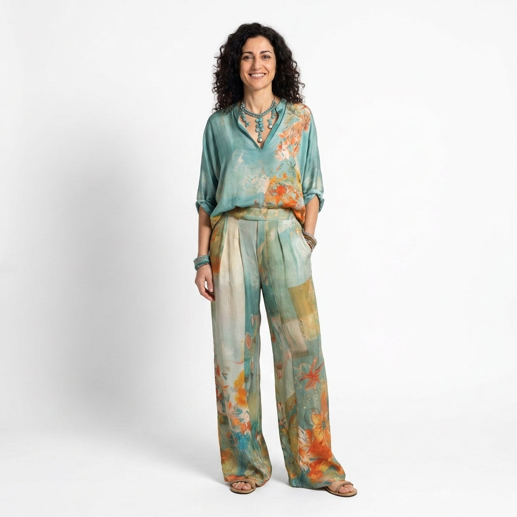 Mirella | Elegante completo con stampa floreale e pantaloni larghi