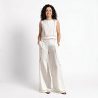 Corallina | Completo pantalone in lino misto con cuciture a contrasto