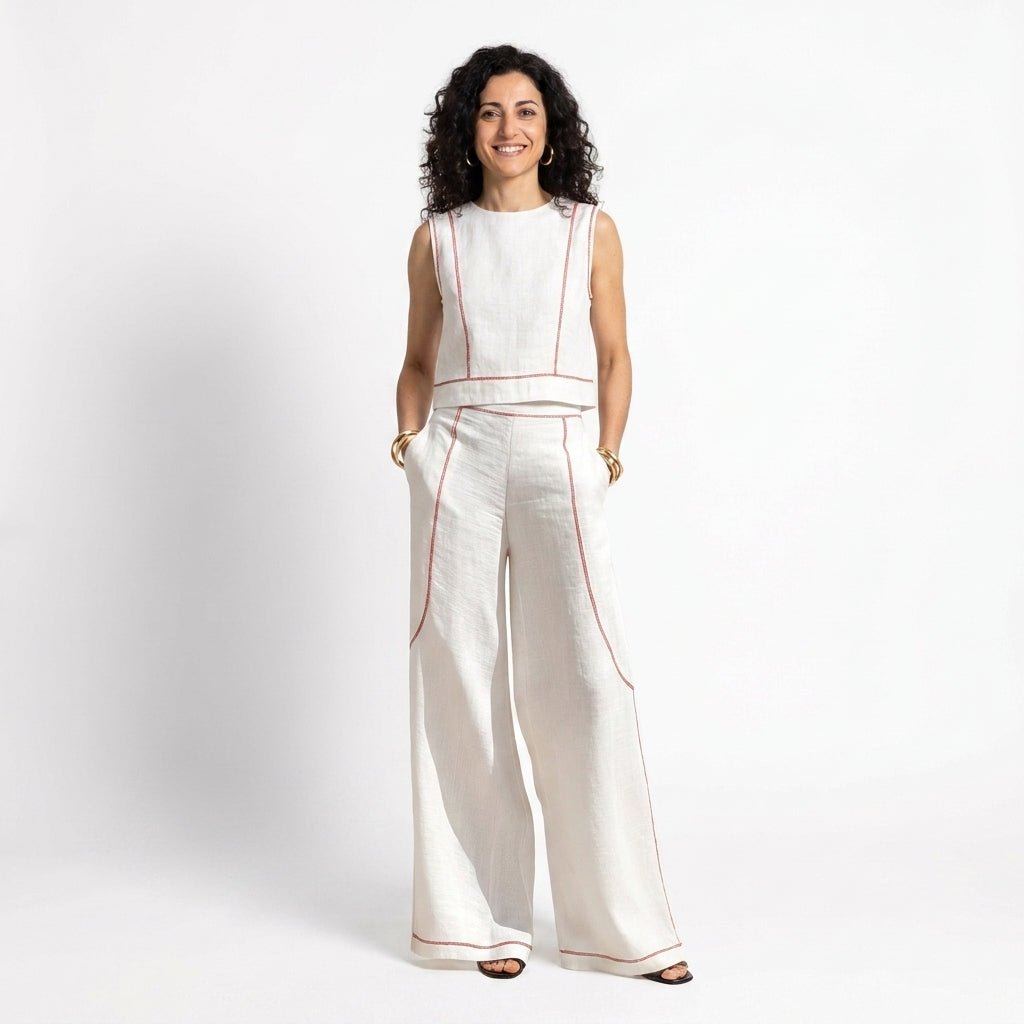 Corallina | Completo pantalone in lino misto con cuciture a contrasto