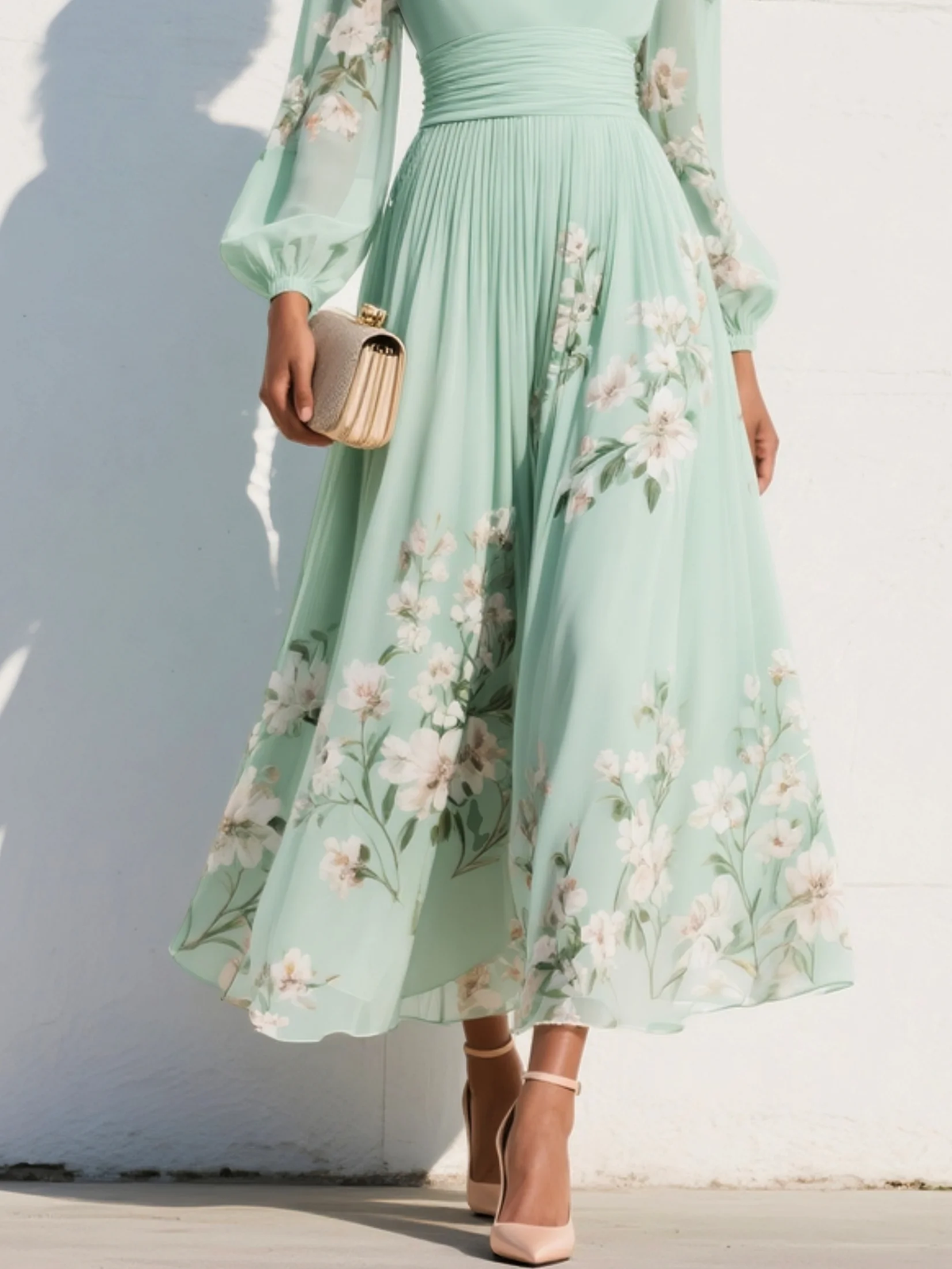 Cisella | Abito Midi Verde Chiaro Fiori