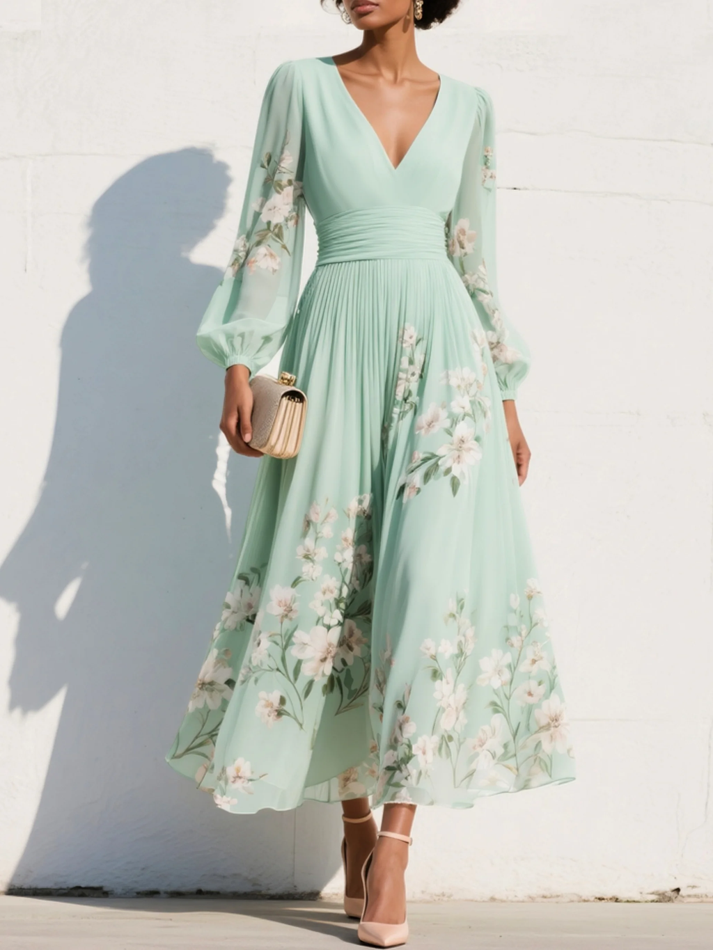 Cisella | Abito Midi Verde Chiaro Fiori
