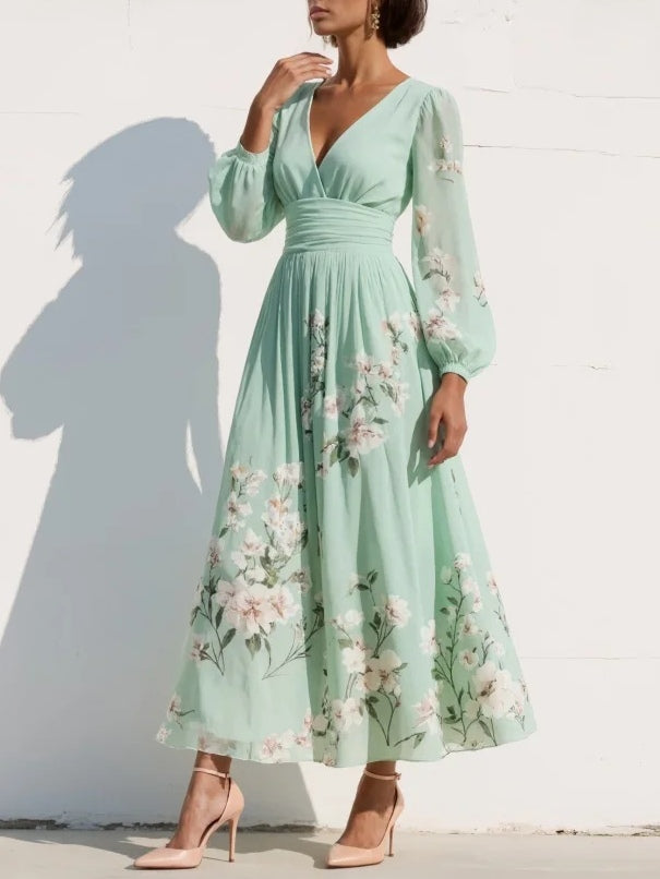 Cisella | Abito Midi Verde Chiaro Fiori