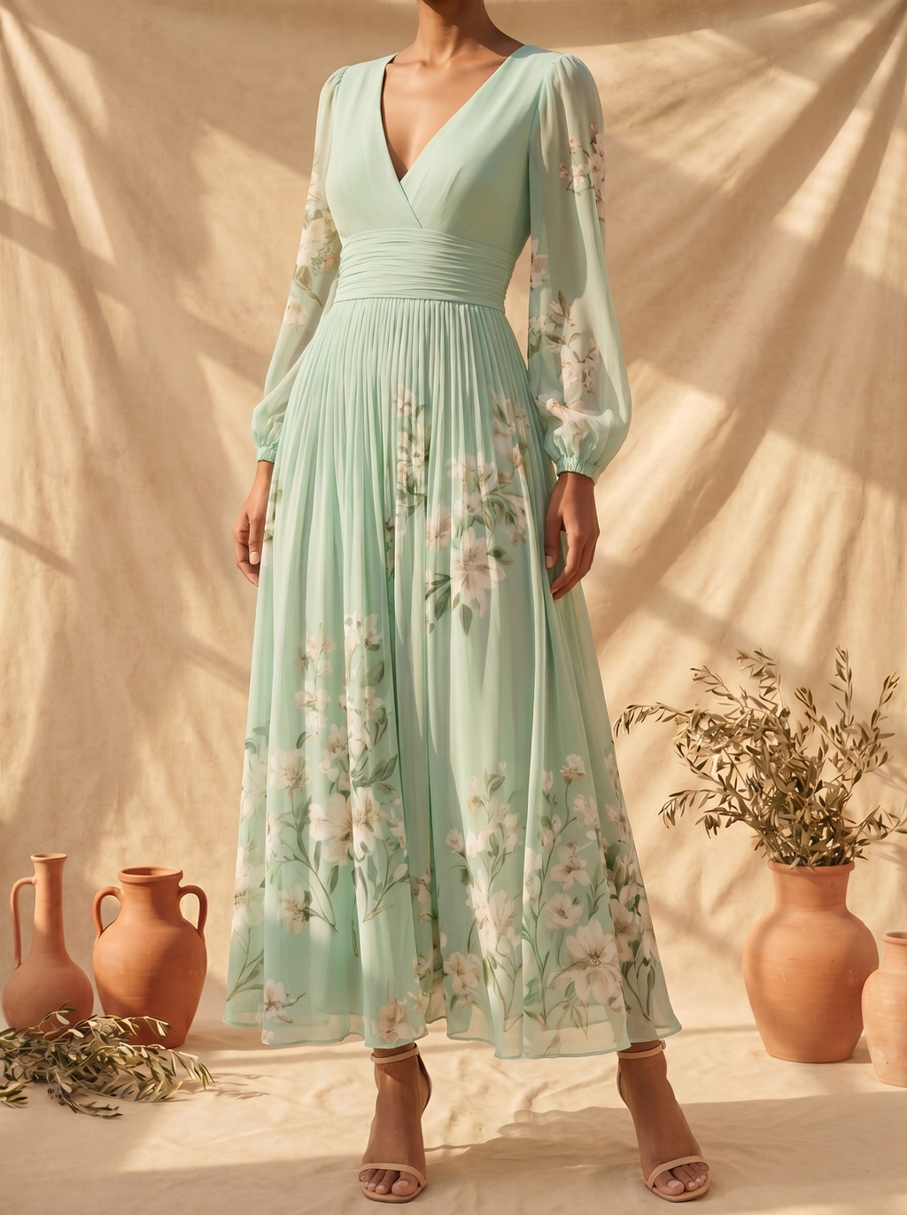 Cisella | Abito Midi Verde Chiaro Fiori