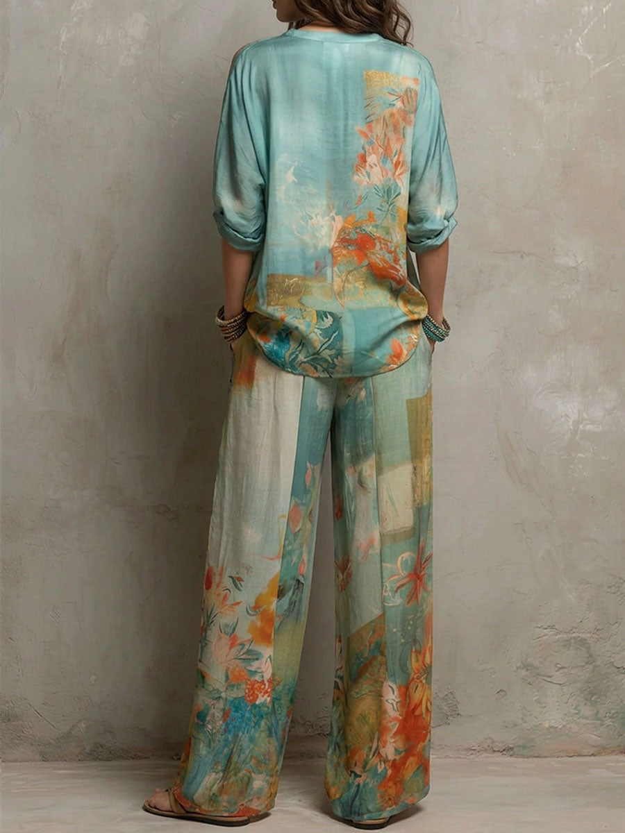 Mirella | Elegante completo con stampa floreale e pantaloni larghi