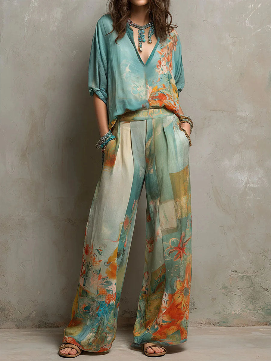 Mirella | Elegante completo con stampa floreale e pantaloni larghi
